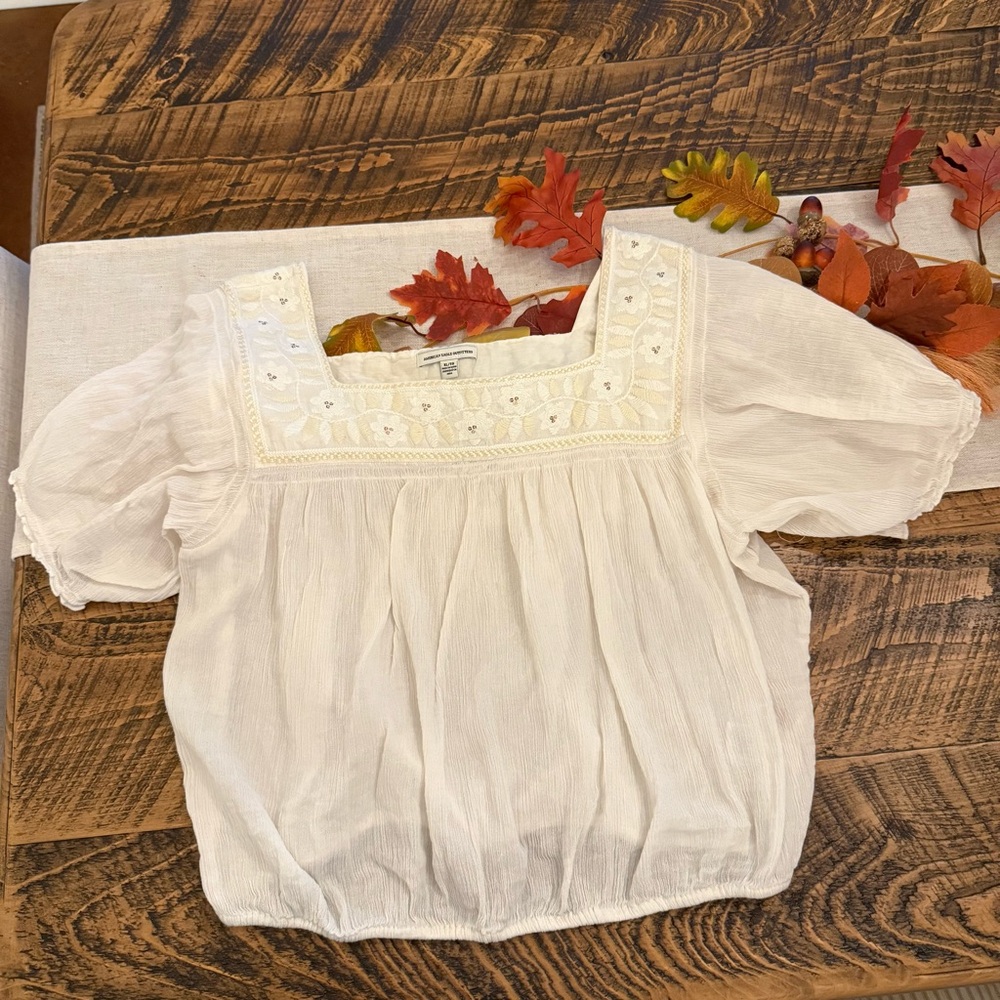 American Eagle Outfitters Cream Embroidered Blouse